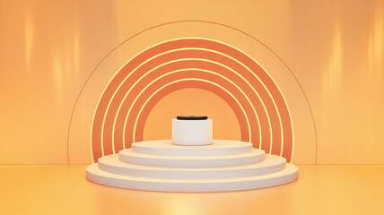 Fototapeta premium A modern minimalist product display setup with a circular pedestal and glowing concentric arches, symbolizing sleek design and creative visual presentation in a vibrant orange space.