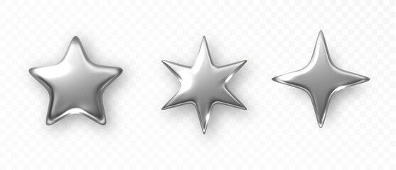 Silver star isolated. Christmas stars of various shapes. Realistic 3d metallic silver design element
