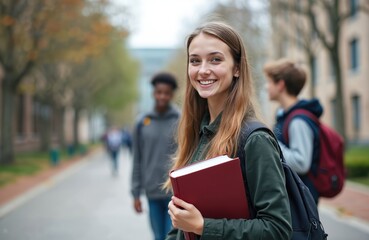 Fototapeta premium Smiling university student with book looks at camera. Happy girl goes to class. College students walk on campus street. Education, back to school themes. Positive emotions, success studying concept.
