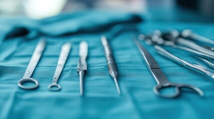 Surgical tools, close-up of sterile surgical instruments neatly arranged, soft lighting