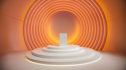 Obraz premium A modern minimalist product display setup with a white podium and orange glowing circular arches in the background, perfect for showcasing products in a clean, creative environment.