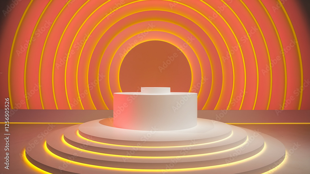 Poster a modern minimalist product display setup with a white podium illuminated by orange glowing arches, 