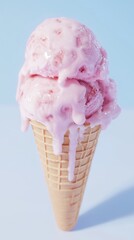 waffle cone with scoops of creamy, marbled raspberry swirl ice cream, melting slightly under soft natural light cool blue background, evoking a dreamy, nostalgic summer feel