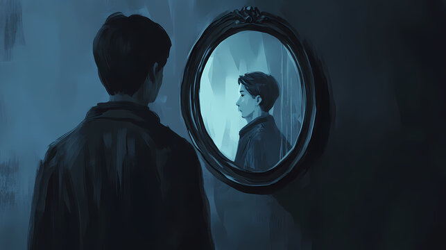 A person reflecting in a dark mirror, evoking deep thoughts and introspection. Whispering Mirrors. Illustration
