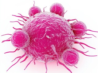 Detailed 3D render of a cancer cell with smaller spherical cells attacking it, showcasing the body's immune response in a scientific illustration.