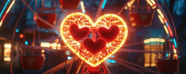 Heart-shaped lights on ferris wheel at night: vibrant and romantic fairground attraction