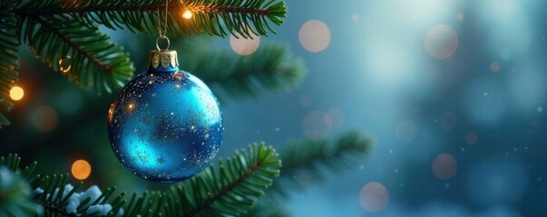 Blue glass ball hanging on a Christmas tree branch , blue, christmas