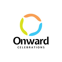 Onward circle celebration logo design represents joyful progress and dynamic unity with a sleek, stylish brand identity corporate image editable vector.