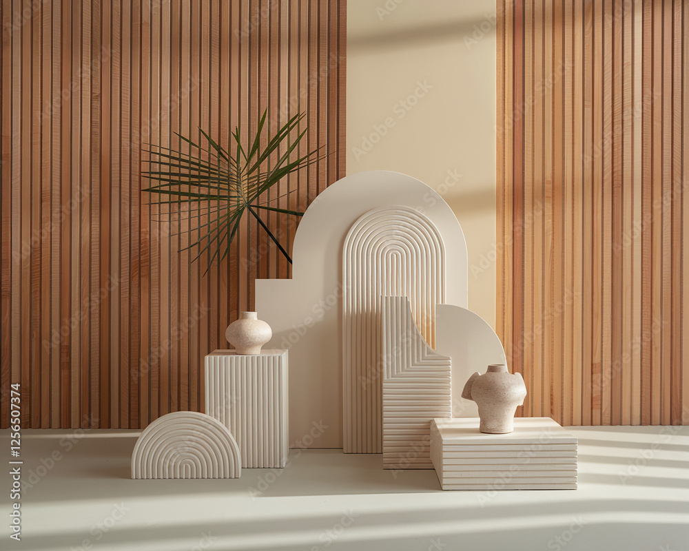 Poster modern minimalist arrangement of abstract geometric shapes on pedestals with a neutral color palette