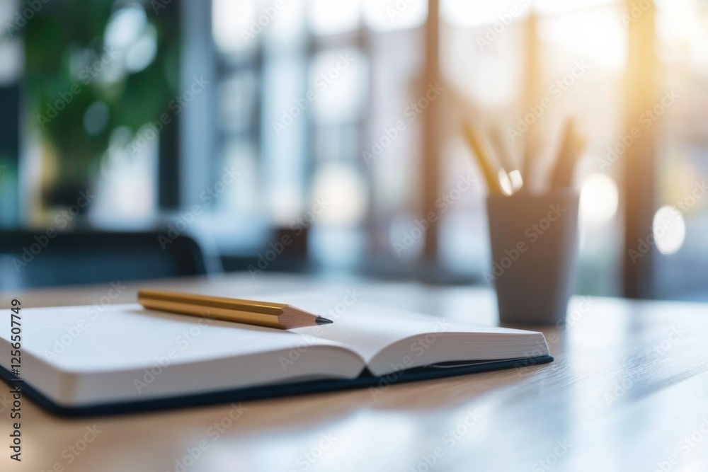 Poster Open notebook with pencil on a bright wooden desk in a spacious workspace with natural light streaming in. Generative AI