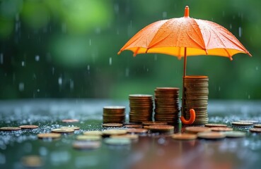 Orange umbrella protects coin stacks from rain, financial protection. Investment security, wealth, economy stability. Safety planning for retirement in future. Growth asset, prosperity insurance