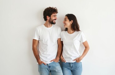 Fototapeta premium Cheerful young couple in white t-shirts smiles looking at. Man, woman in casual attire, blue jeans posing against white wall, friendship, relationship, attractive happy people. Fashion concept with