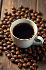 Obraz premium Coffee cup surrounded by beans on old wood, furniture, coffee