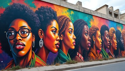 Mural on city wall for Black Awareness Day features important figures in African history diaspora. Wallpainting bright colors strength unity, remembering social justice equality african american