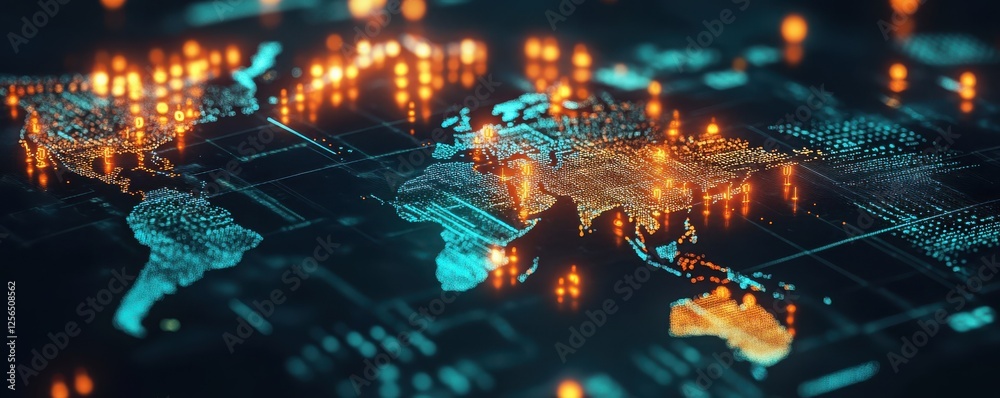 Poster global digital network map pulsating with illuminated data points