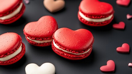 Obraz premium Delicious red heart-shaped macarons made with red velvet for a sweet celebration