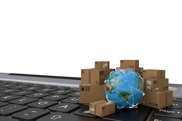 International shipping and logistics concept, cardboard boxes on laptop keyboard with earth globe