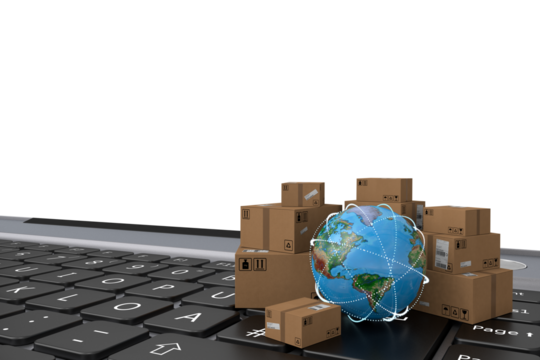 International shipping and logistics concept, cardboard boxes on laptop keyboard with earth globe