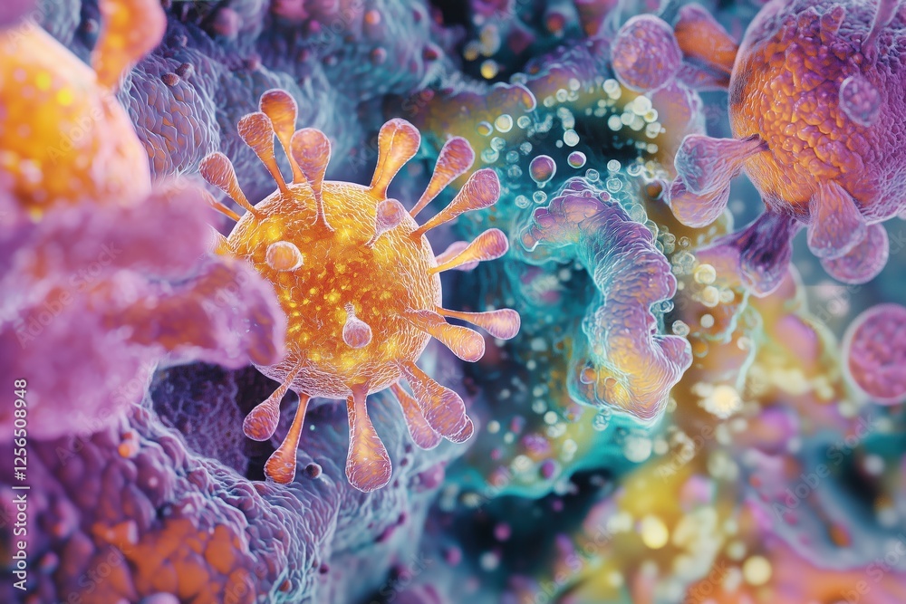 Poster 3d render of microscopic pathogens highlighting their structure and interaction within a biological 