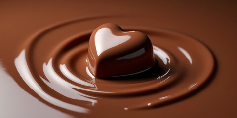 Heart shaped chocolate candy melting in liquid chocolate swirl with ripple effect. Sweet dessert background for Valentine's Day, romantic food concept with copy space