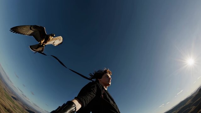 Falconry expert skillfully maneuvers a falcon, showcasing the ancient art of training birds of prey against a breathtaking mountain backdrop - Powered by Adobe