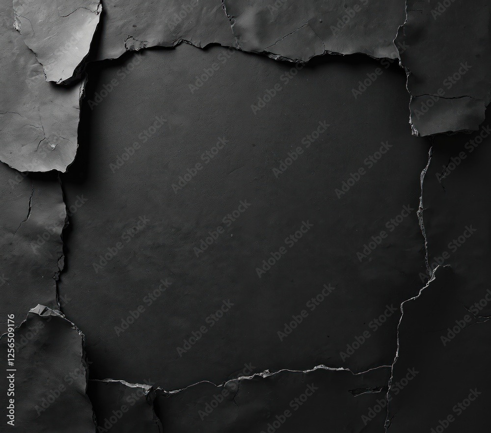 Aufkleber Black grunge paper texture with torn edges frame. Abstract monochrome background with empty copy space for text message or logo on cracked paper sheet.