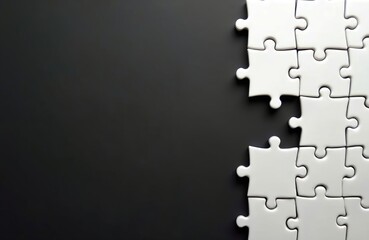 White jigsaw puzzle pieces on black. Business strategy solution integration challenge. Incomplete last piece to join connection final fit brain game. Teamwork match. Abstract design concept.