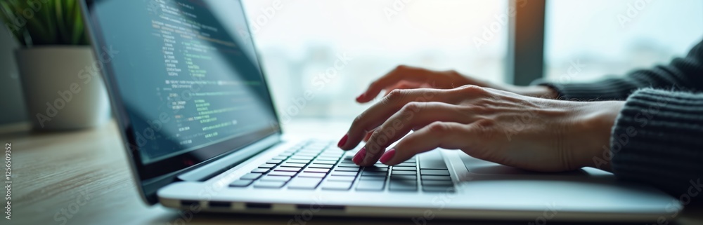 Aufkleber close-up of woman hands typing on laptop keyboard. programmer works with code, develops software, us