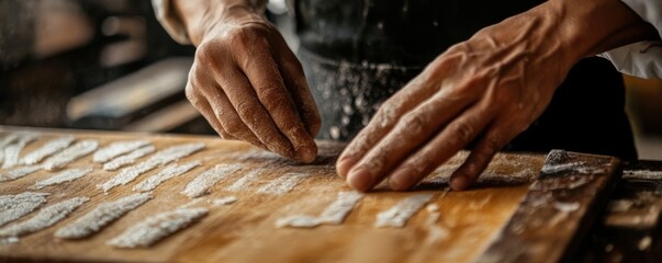 Close-up of hands preparing homemade pasta on wooden board