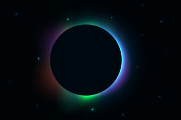 Abstract eclipse planet background. Multicolored glowing corona in the dark starry sky.