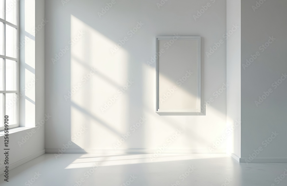 Aufkleber sunlight streams through window into minimalist white room, casting shadows on wall and floor. singl