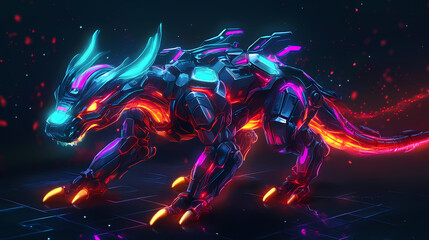 Bright neon electric mech animal in futuristic style. Biomechanical Dragons. Illustration