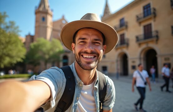 Smiling tourist man takes selfie in Park Guell on sunny day. Happy traveler with hat, backpack poses for photo, visits Barcelona, Spain. Adventure, vacation, travel during summer in Europe.
