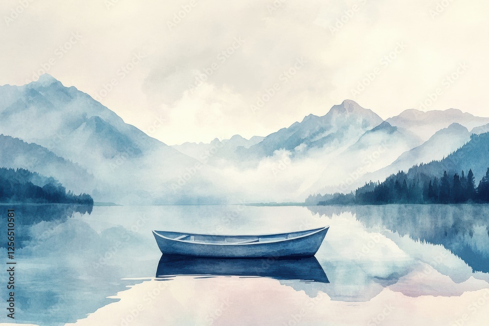Poster serene watercolor illustration of a rowboat floating peacefully on a tranquil mountain lake under a 