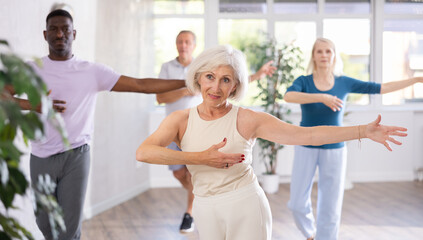 Group of multiethnic mature active people dancing classical dance movements in studio
