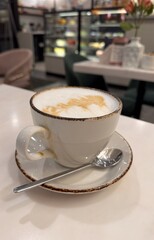 A cup of hot coffee with milk in a white porcelain cup close-up on the table in a Latte or cappuccino restaurant on the table. Business meeting