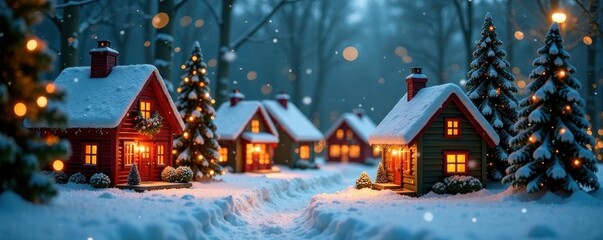 Obraz premium Festive Christmas village scene, houses, snow