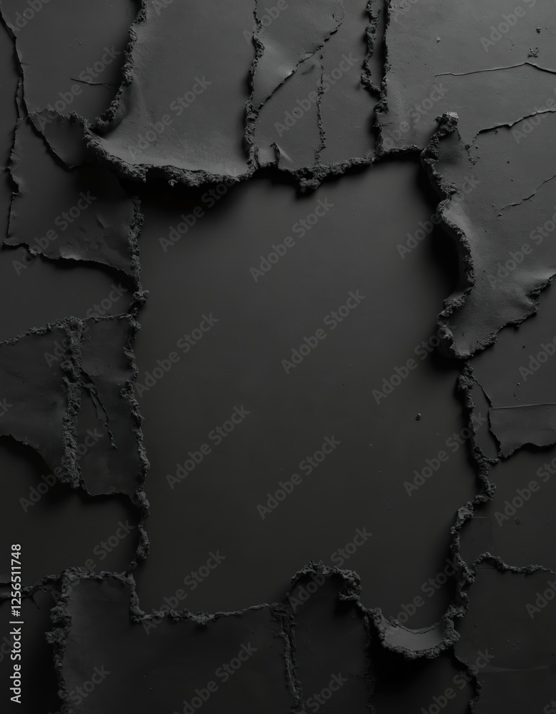 Leinwandbilder Torn black paper texture background with a jagged edge. Ripped sheet with hole creates abstract dark frame with empty space. Grunge material with copy space. Design element with graphic break.