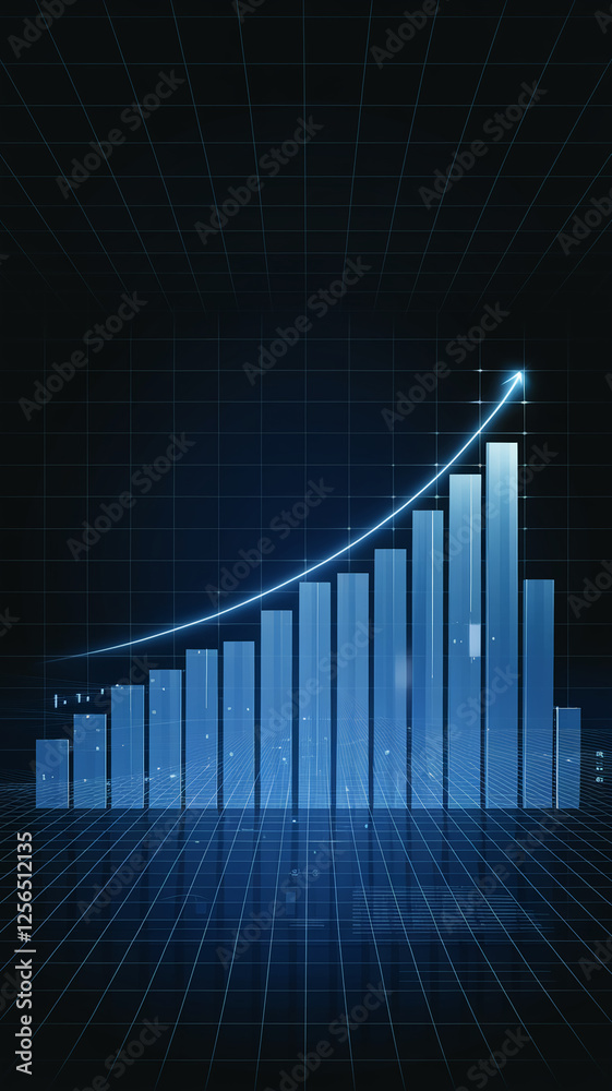 Poster a vertical financial data visualization with glowing increasing bars, representing growth, success, 