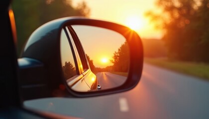 Rear view mirror reflects golden sunset on road, drive travel, nature, highway journey. Warm evening light illuminates car, sky. Freedom, beautiful horizon, gold color. Sun sets, road trip.