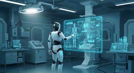 Robot working with holographic screen in futuristic laboratory interior. Artificial intelligence analyzing data on virtual display. Science fiction technology concept