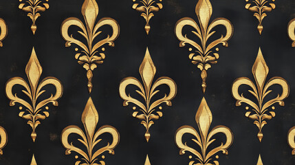 Vintage golden royal fleur-de-lis seamless pattern of elegant floral scrolls on black background. Luxury wallpaper or medieval stylized interior design usage