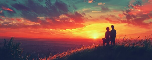Fototapeta premium Couple enjoying vibrant sunset on grassy hill