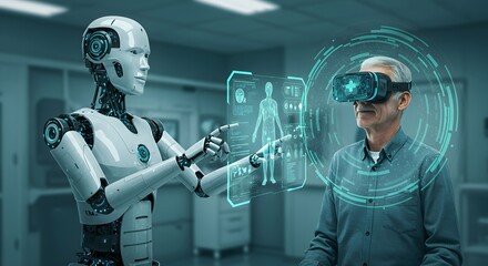 Man in virtual reality headset interacting with humanoid robot in modern laboratory. Digital healthcare consultation with ai assistant. Future metaverse and augmented reality