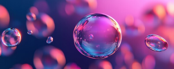 Naklejka premium Colorful floating bubbles with pink and blue gradient background
