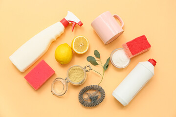 Composition with natural products, supplies for cleaning and cup on color background