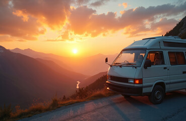Obraz premium White campervan parked on mountain road enjoying breathtaking sunset over valley. Warm golden light illuminates serene mountain landscape. River winds through hills. Van life. Road trip adventure in