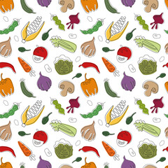 Colorful seamless vegetable template. Hand drawn vegetables on a white background. Design for posters, fabric decoration, packaging, culinary designs. Vector illustration.