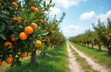 Harvest of oranges on plantation in garden. Citrus trees with mandarins, lemons. Ripe fruits of lemons, oranges on branches. Gardening in Cyprus. Sunny summer day on fruit farm.