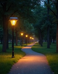 Solar powered streetlights illuminate path in park at night. Eco friendly lighting solution saves energy. Peaceful tranquil scene. Urban park landscape with walkway, trees, solar lamps. Walk in